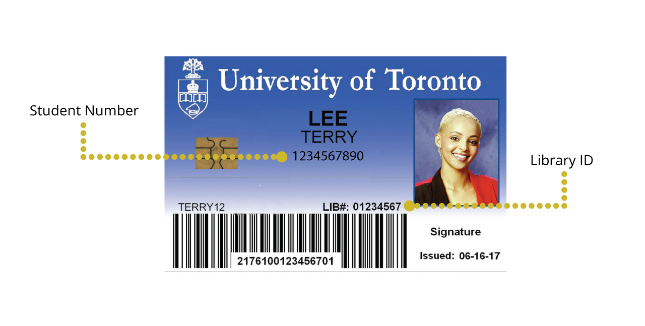 Front of T-Card with the student number and library ID labelled