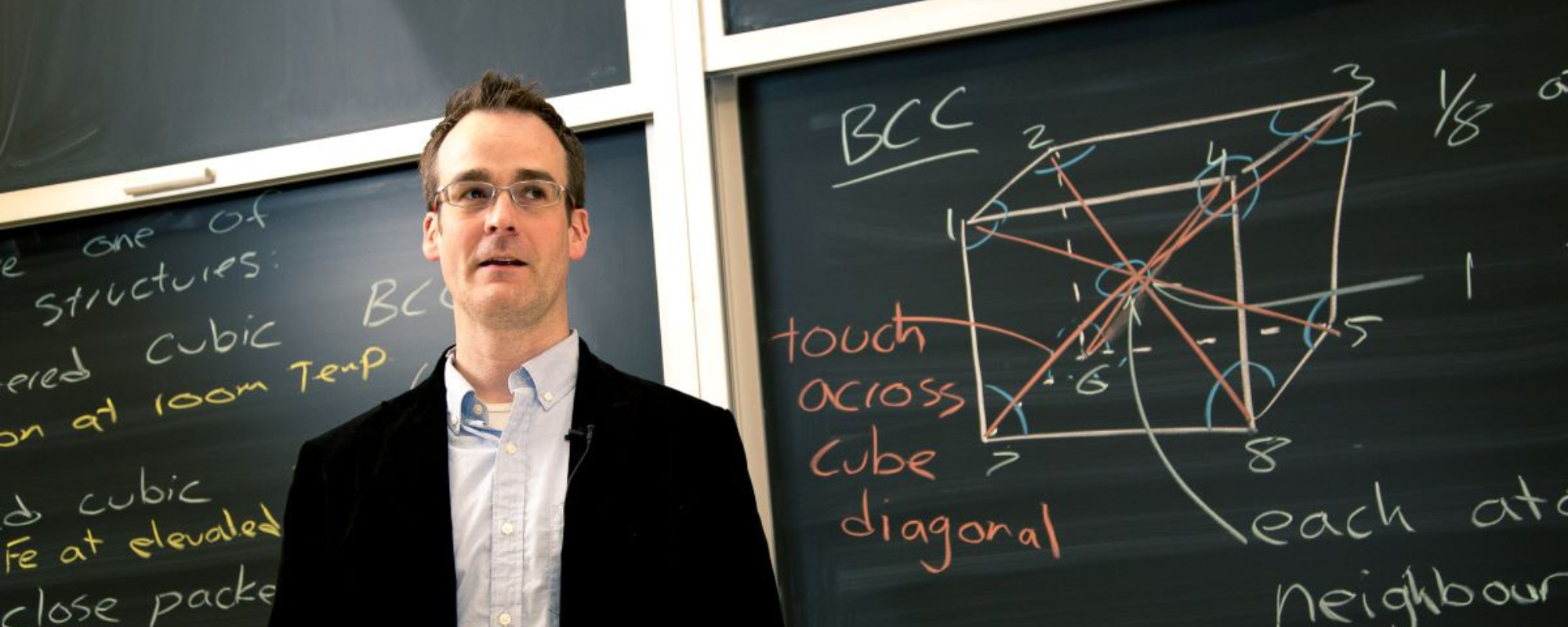 A professor standing in front of a chalk board with mathematic equations.