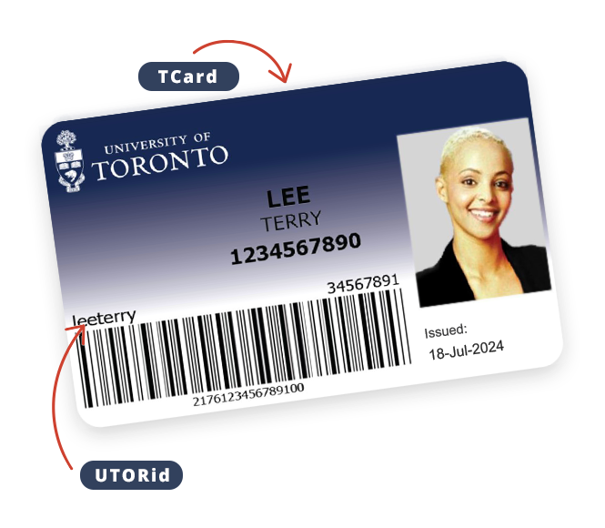 Front of T-Card with the student number and library ID labelled